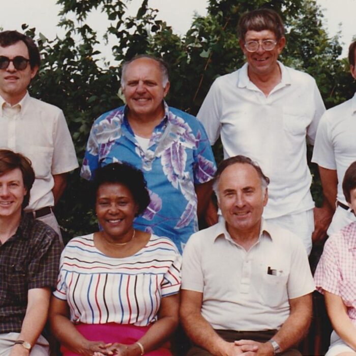 A 1987 photo of members of the Board of Directors of the Wisconsin Labor History Society. Shown are: (top row, from left) Michael Gordon, Joe Vollmer, Jim Reiland (guest), and Kelly Sparks; (seated, from left) Darryl Holter, Nellie Wilson, Mil Lieberthal, Joanne Ricca.